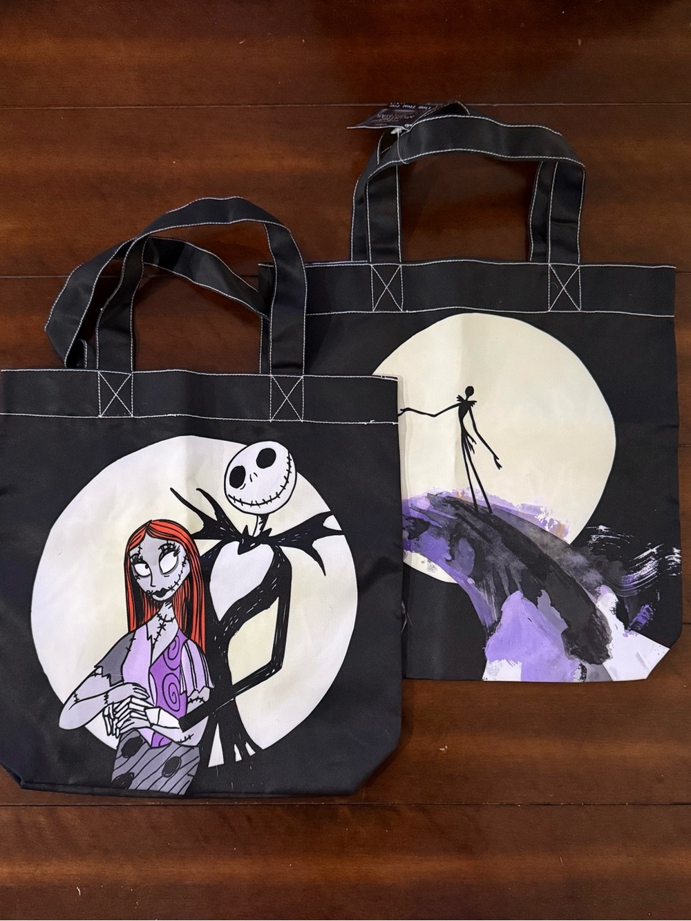 Disney Two Black Tote Bags with Purple and White Nightmare Before Christmas Art